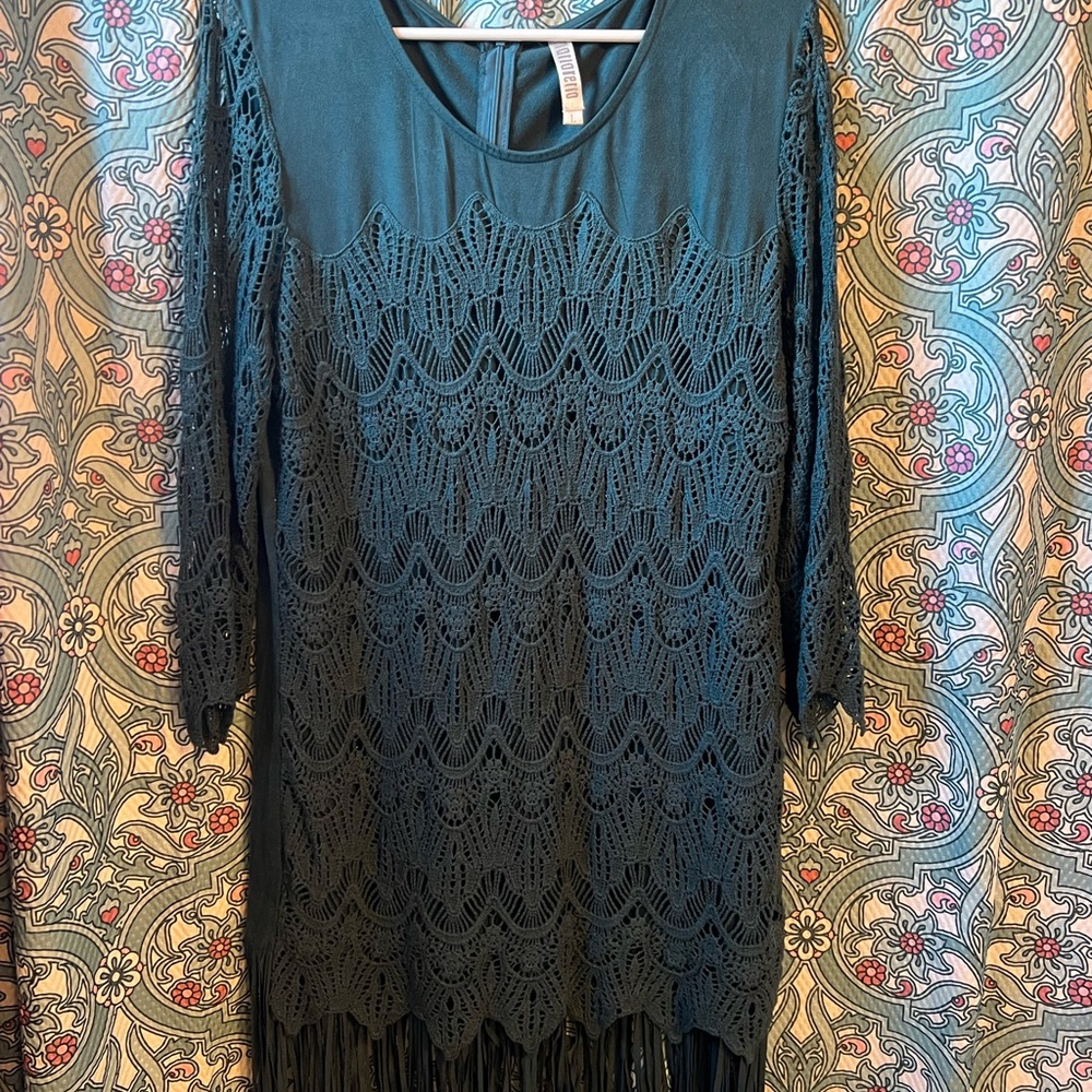 Studio 17 Teal Crochet Fringe Long Sleeve Dress
